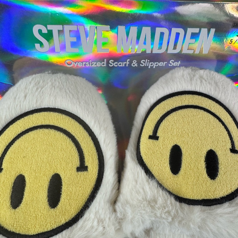 Steve Madden White Furry Slippers and Black Furry Scarf with fringe apx 68 in